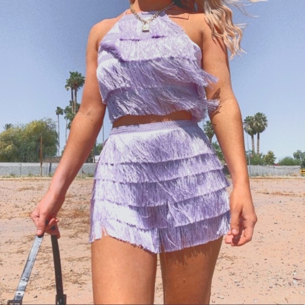 Forever 21 Lavender Fringe High Waist Shorts Set
